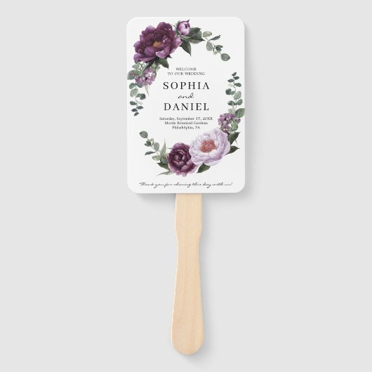 Plum Pioenrozen Paarse Bloemen Trouwprogramma Fan Handwaaier (Voorkant)