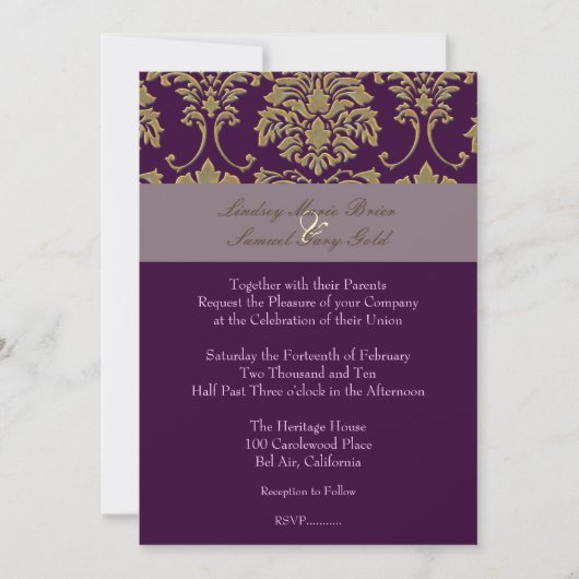 Plum/plum/faux gold damask kaart (Voorkant)
