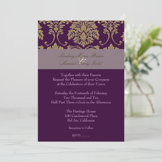 Plum/plum/faux gold damask kaart (Staand voorkant)