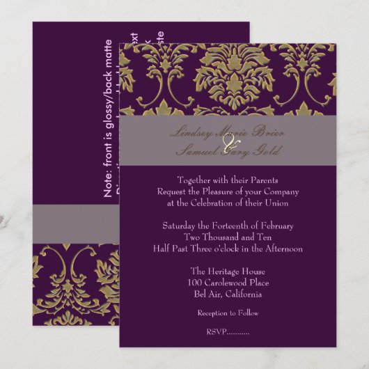 Plum/plum/faux gold damask kaart (Voorkant / Achterkant)