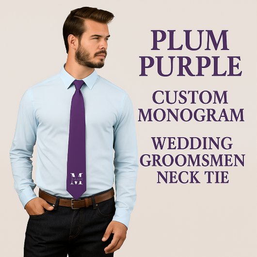 Plum Purple | Custom Monogram Wedding Groomsmen Stropdas