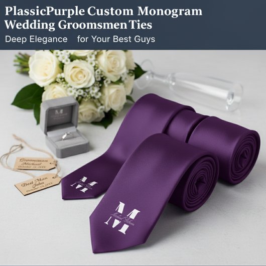 Plum Purple | Custom Monogram Wedding Groomsmen Stropdas