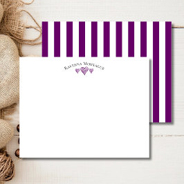 Plum Purple Elegant Wavy Hearts Striped Note Card Notitiekaartje