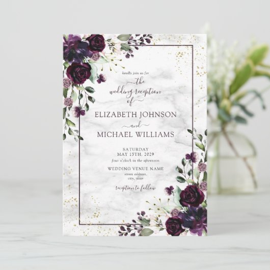 Plum Purple Gold Watercolor Marble Fall Reception Kaart (Staand voorkant)