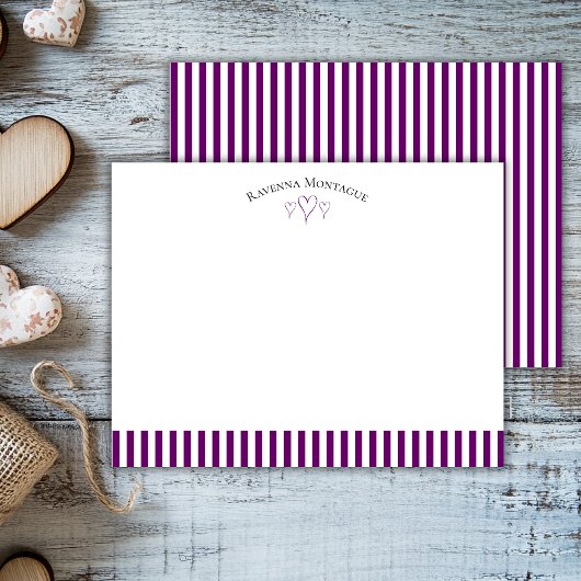 Plum Purple Modern Open Hearts Striped Note Card Notitiekaartje