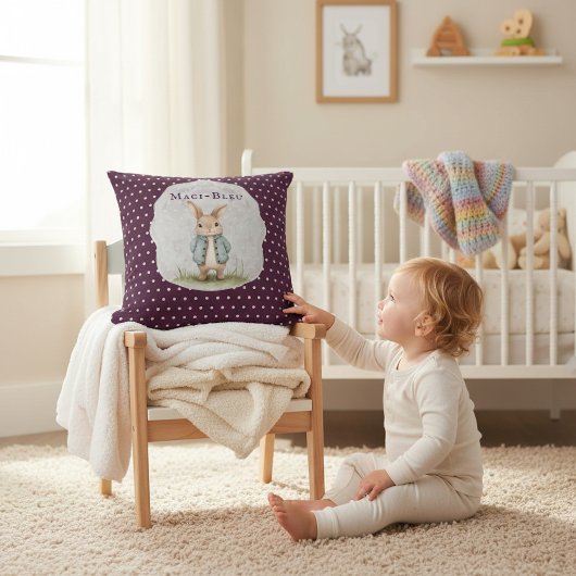 Plum Purple Polka Dot Bunny Name Accent Pillow Kussen