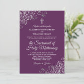Plum Purple & Silver Chic Modern Catholic Wedding Kaart (Staand voorkant)