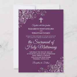 Plum Purple & Silver Chic Modern Catholic Wedding Kaart
