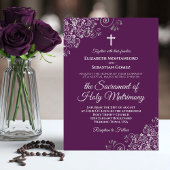 Plum Purple & Silver Chic Modern Catholic Wedding Kaart