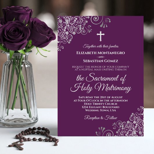 Plum Purple & Silver Chic Modern Catholic Wedding Kaart