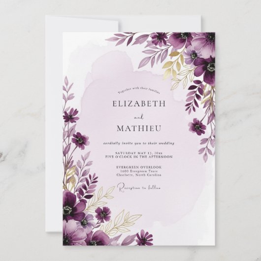 Plum Resplendent Watercolor Wedding Kaart (Voorkant)