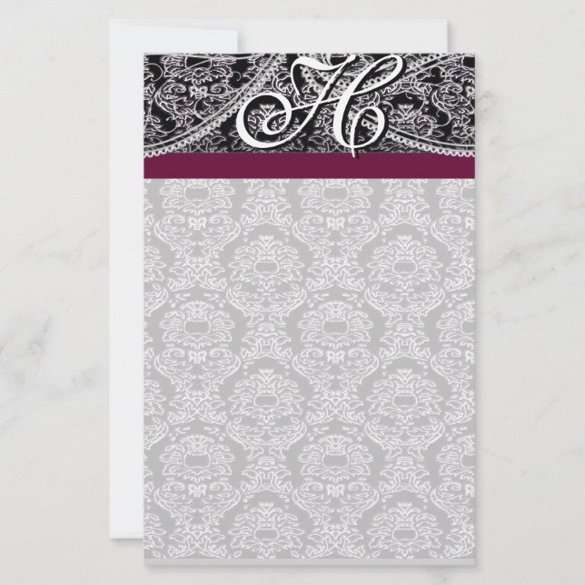 Plum Ribbon Monogram Letterhead Black Paisley (Voorkant)