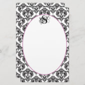 Plum Ribbon Zwart Damast Monogram Gerecycled papie Briefpapier (Voorkant / Achterkant)