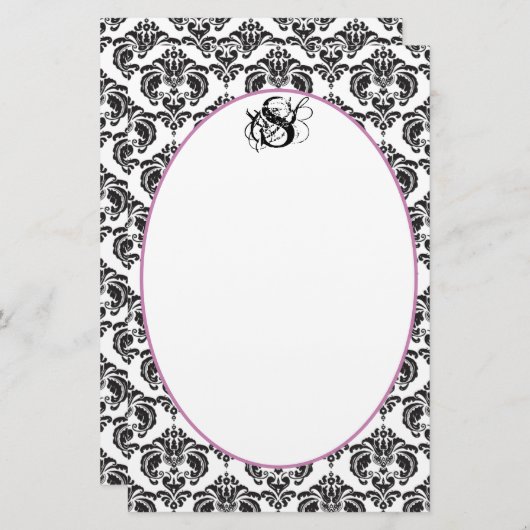 Plum Ribbon Zwart Damast Monogram Gerecycled papie Briefpapier (Voorkant / Achterkant)