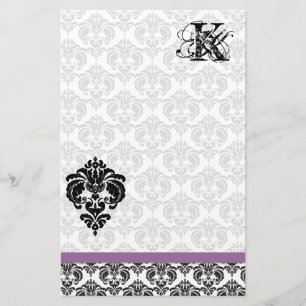 Plum Ribbon Zwart Damast Monogram Gerecycled papie Briefpapier