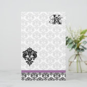 Plum Ribbon Zwart Damast Monogram Gerecycled papie Briefpapier (Staand voorkant)