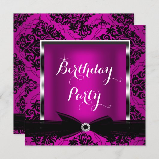 Plum roink Damask Silver Black Birthday Party 2 Kaart (Voorkant / Achterkant)