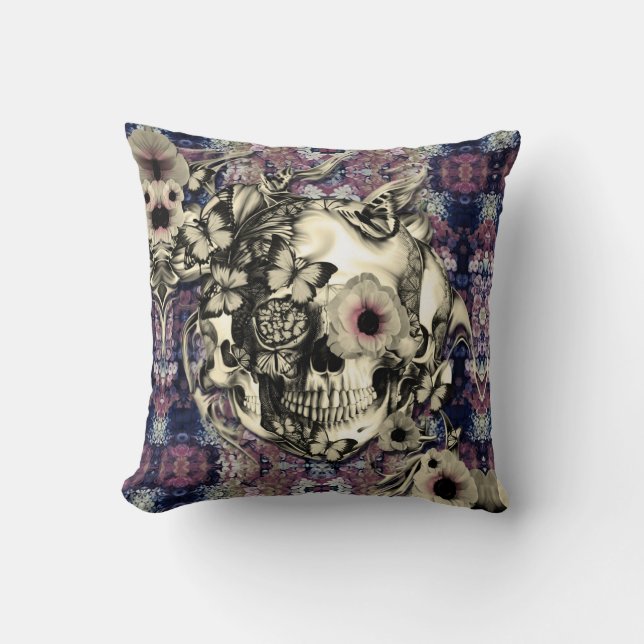 Plum rook skull met vlinderkussen kussen (Voorkant)