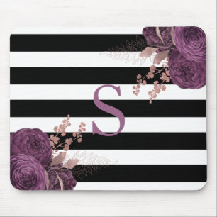 Plum Roos Gold Floral Monogram Black White Stripes Muismat