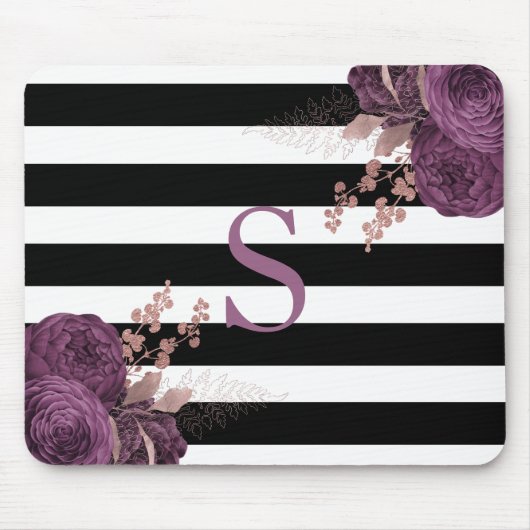 Plum Roos Gold Floral Monogram Black White Stripes Muismat (Voorkant)