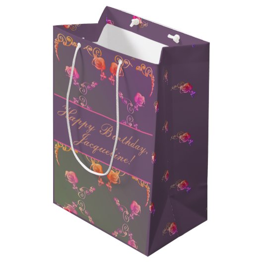 Plum Roos Hearts Birthday/Moederdag Gift Bag Medium Cadeauzakje (Voorkant Gekanteld)