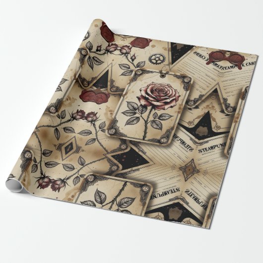 Plum Roses Mechanical Steampunk Cadeaupapier (Uitgerold)