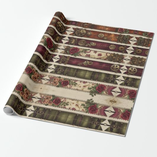 Plum Roses Mechanical Steampunk Wrapping Paper Cadeaupapier (Uitgerold)