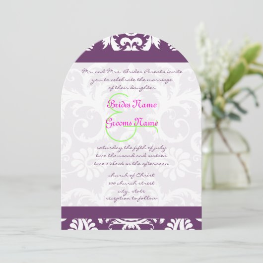 Plum roze Limoen Damask Swirl Wedding Invitations Kaart (Staand voorkant)