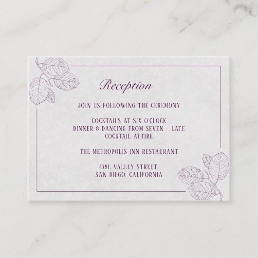 Plum Silver Botanical Elegant Wedding Reception Informatiekaartje (Voorkant)
