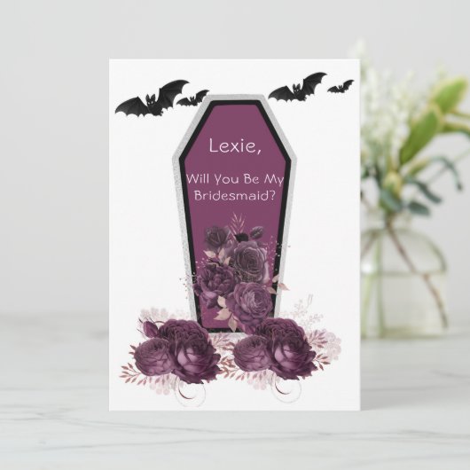 Plum Silver Coffin Bats zal je mijn Bridesmaid zij Kaart (Staand voorkant)