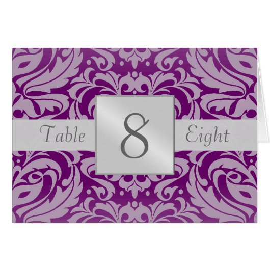 Plum & Silver Damask-tabelnummer gevouwen kaart (Voorkant Horizontaal)