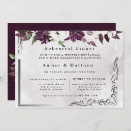 Plum Silver Geometric Floral Rehearsal Dinner Kaart