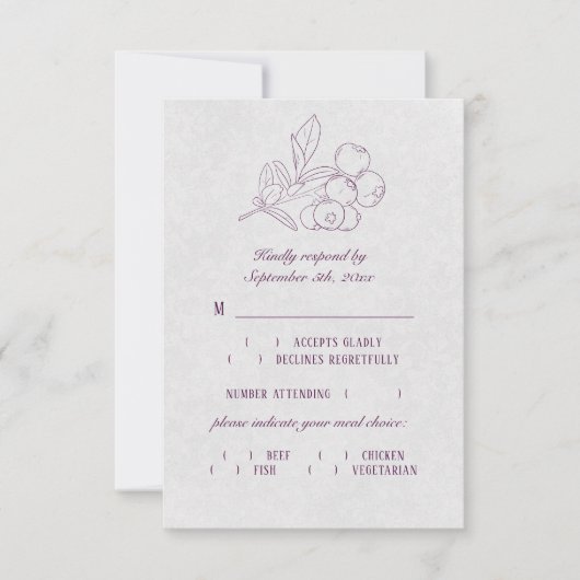 Plum Silver Grey Botanical Elegant Meal Choice RSVP Kaartje (Voorkant)