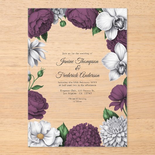 Plum & Silver Modern Botanical Wedding Acryl Uitnodigingen (Voorkant)