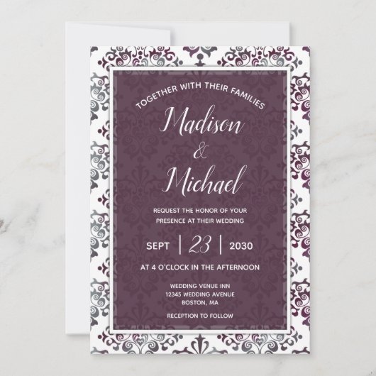 Plum Silver Sage Damask Wedding Kaart (Voorkant)