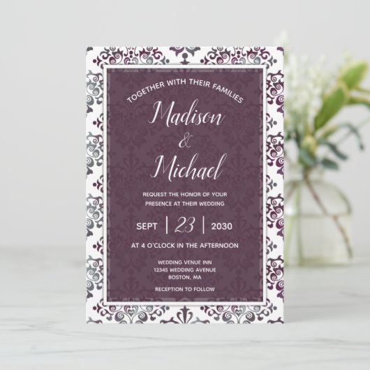 Plum Silver Sage Damask Wedding Kaart (Staand voorkant)