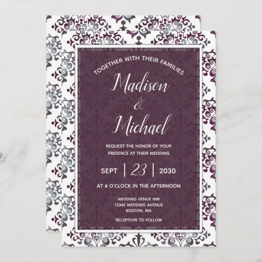 Plum Silver Sage Damask Wedding Kaart (Voorkant / Achterkant)