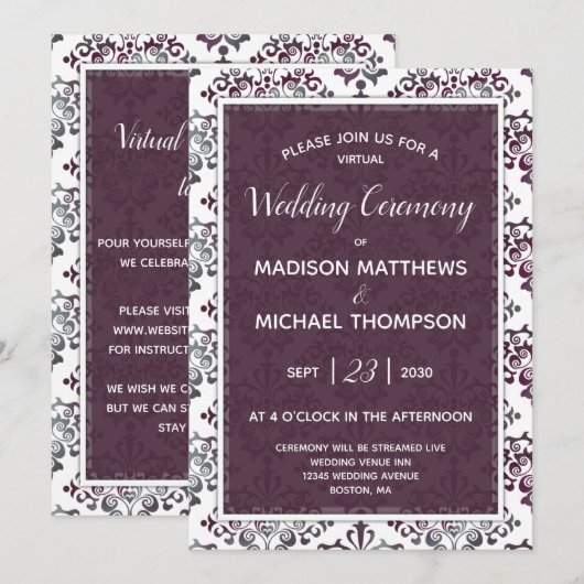 Plum Silver Virtual Wedding Livestream Wedding Kaart (Voorkant / Achterkant)