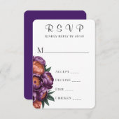 Plum & Sinaasappel Painted Peony Wedding RSVP Kaar (Voorkant / Achterkant)