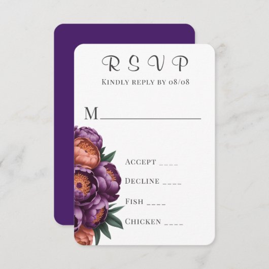 Plum & Sinaasappel Painted Peony Wedding RSVP Kaar (Voorkant / Achterkant)
