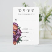 Plum & Sinaasappel Painted Peony Wedding RSVP Kaar (Staand voorkant)