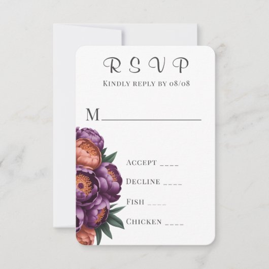 Plum & Sinaasappel Painted Peony Wedding RSVP Kaar (Voorkant)