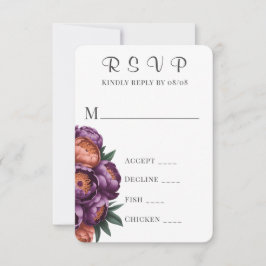 Plum & Sinaasappel Painted Peony Wedding RSVP Kaar