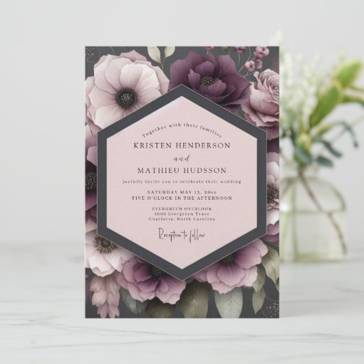 Plum Somber Anemone Wedding Kaart (Staand voorkant)