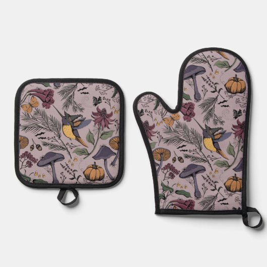 Plum Spooky Halloween Hummingbird Garden Ovenwant & Pannenlap Set (Voorkant)