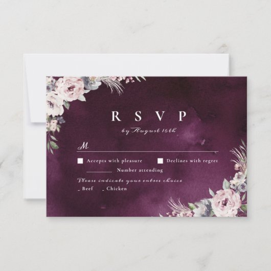 Plum & stoffige roze boho bloemen rustieke bruilof RSVP kaartje (Voorkant)