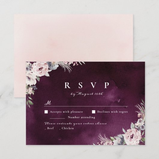 Plum & stoffige roze boho bloemen rustieke bruilof RSVP kaartje (Voorkant / Achterkant)