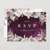 Plum & stoffige roze boho bloemen rustieke bruilof uitnodiging briefkaart (Voorkant / Achterkant)