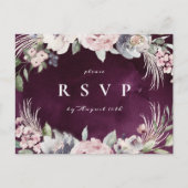 Plum & stoffige roze boho bloemen rustieke bruilof uitnodiging briefkaart (Voorkant)