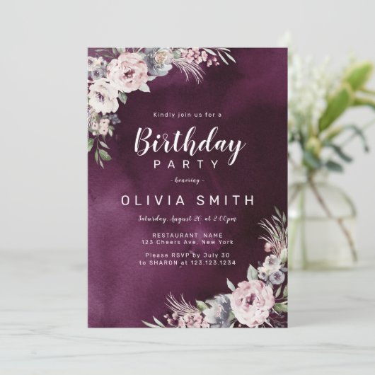 Plum & stoffige roze boho bloemen verjaardagsfeest kaart (Staand voorkant)